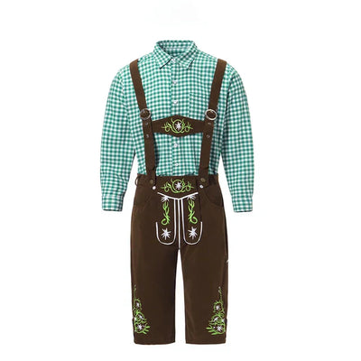 Elegantes Herren-Lederhosen-Set mit stilvoller Stickerei und kariertem Hemd – Perfekt für Festlichkeiten