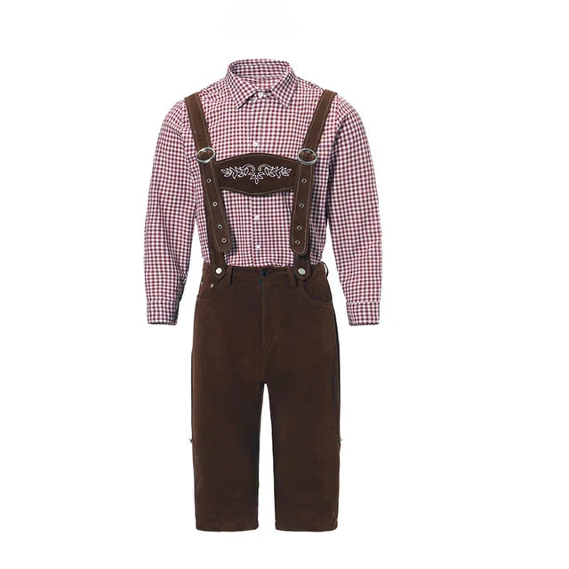 Elegantes Herren-Lederhosen-Set mit stilvoller Stickerei und kariertem Hemd – Perfekt für Festlichkeiten