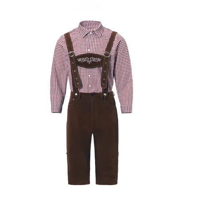Elegantes Herren-Lederhosen-Set mit stilvoller Stickerei und kariertem Hemd – Perfekt für Festlichkeiten