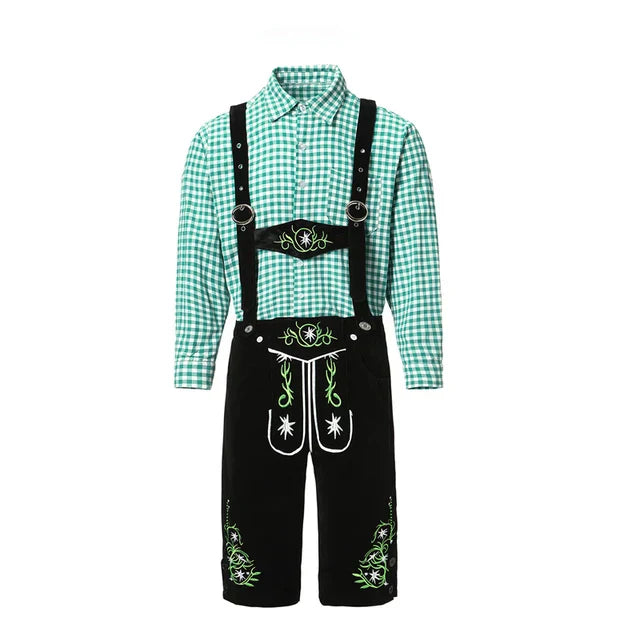 Elegantes Herren-Lederhosen-Set mit stilvoller Stickerei und kariertem Hemd – Perfekt für Festlichkeiten