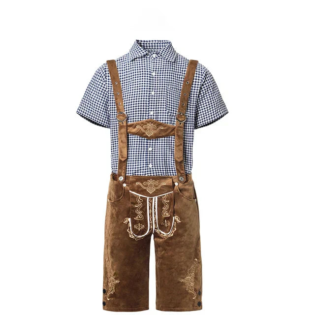 Elegantes Herren-Lederhosen-Set mit stilvoller Stickerei und kariertem Hemd – Perfekt für Festlichkeiten