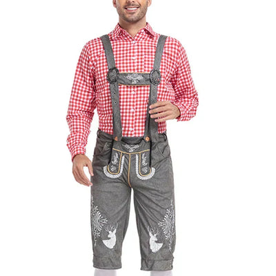 Elegantes Herren-Lederhosen-Set mit stilvoller Stickerei und kariertem Hemd – Perfekt für Festlichkeiten