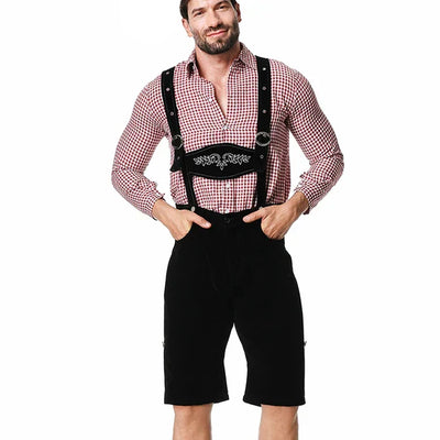 Elegantes Herren-Lederhosen-Set mit stilvoller Stickerei und kariertem Hemd – Perfekt für Festlichkeiten