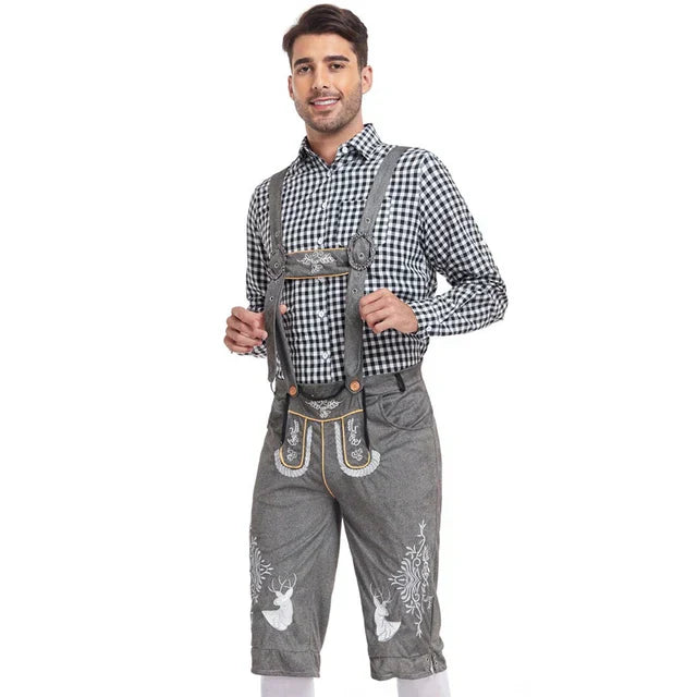 Elegantes Herren-Lederhosen-Set mit stilvoller Stickerei und kariertem Hemd – Perfekt für Festlichkeiten
