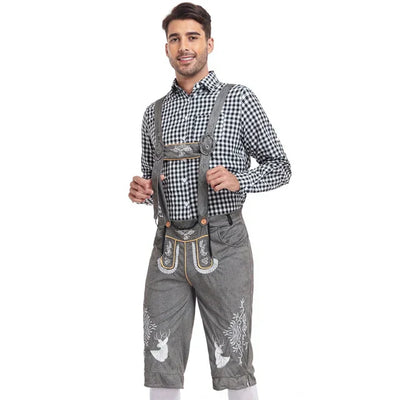 Elegantes Herren-Lederhosen-Set mit stilvoller Stickerei und kariertem Hemd – Perfekt für Festlichkeiten
