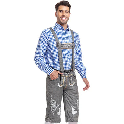 Elegantes Herren-Lederhosen-Set mit stilvoller Stickerei und kariertem Hemd – Perfekt für Festlichkeiten
