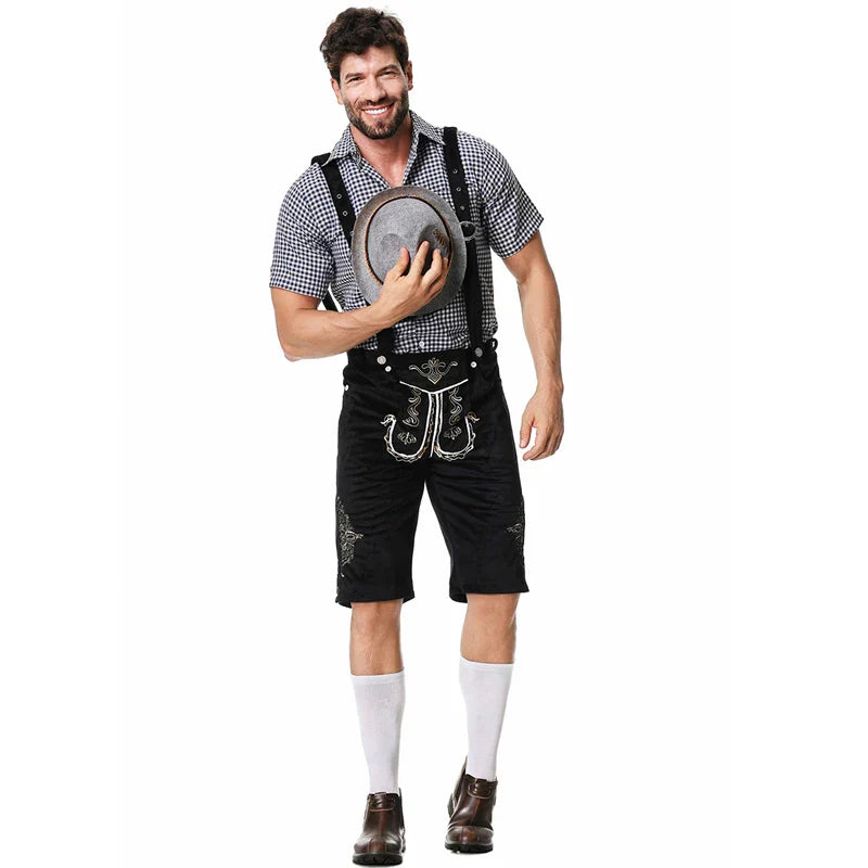 Elegantes Herren-Lederhosen-Set mit stilvoller Stickerei und kariertem Hemd – Perfekt für Festlichkeiten