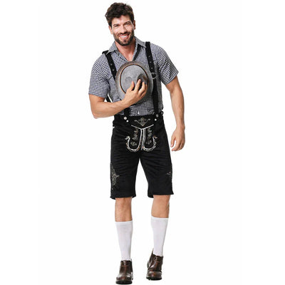 Elegantes Herren-Lederhosen-Set mit stilvoller Stickerei und kariertem Hemd – Perfekt für Festlichkeiten