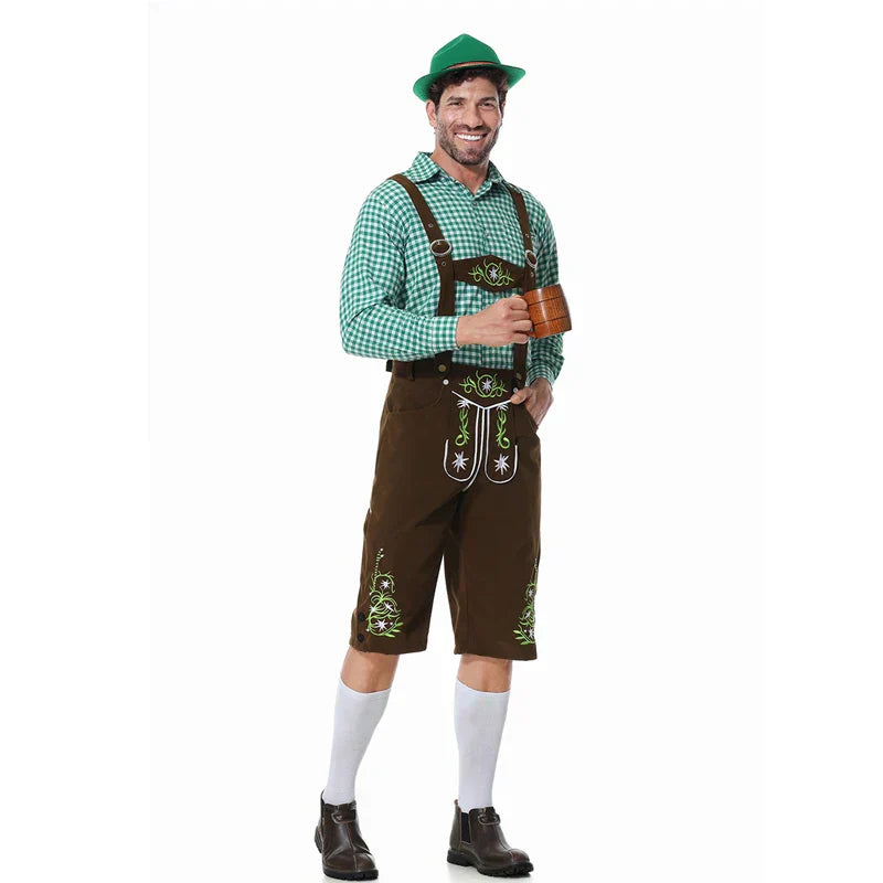 Elegantes Herren-Lederhosen-Set mit stilvoller Stickerei und kariertem Hemd – Perfekt für Festlichkeiten
