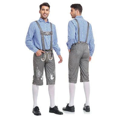 Elegantes Herren-Lederhosen-Set mit stilvoller Stickerei und kariertem Hemd – Perfekt für Festlichkeiten