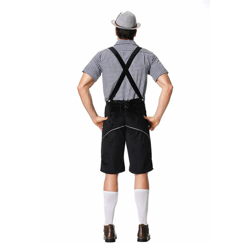Elegantes Herren-Lederhosen-Set mit stilvoller Stickerei und kariertem Hemd – Perfekt für Festlichkeiten