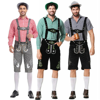 Elegantes Herren-Lederhosen-Set mit stilvoller Stickerei und kariertem Hemd – Perfekt für Festlichkeiten