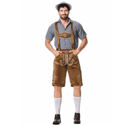 Elegantes Herren-Lederhosen-Set mit stilvoller Stickerei und kariertem Hemd – Perfekt für Festlichkeiten