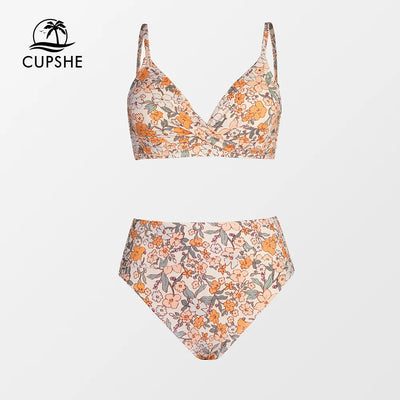 CUPSHE Twist Tank Top High Waist Bikini Sets Swimsuit For Women Orange Floral Two Pieces Beachwear 2023 Bathing Suit Swimwear