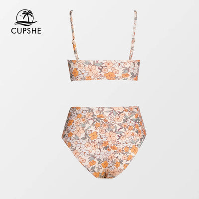CUPSHE Twist Tank Top High Waist Bikini Sets Swimsuit For Women Orange Floral Two Pieces Beachwear 2023 Bathing Suit Swimwear
