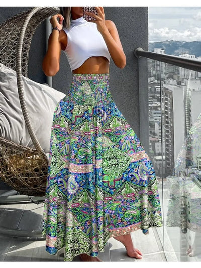 Women Fashion Floral Print Folds Bohemian Elastic High Waist  Skirt Ladies Knee-Length Long Skirts For Women