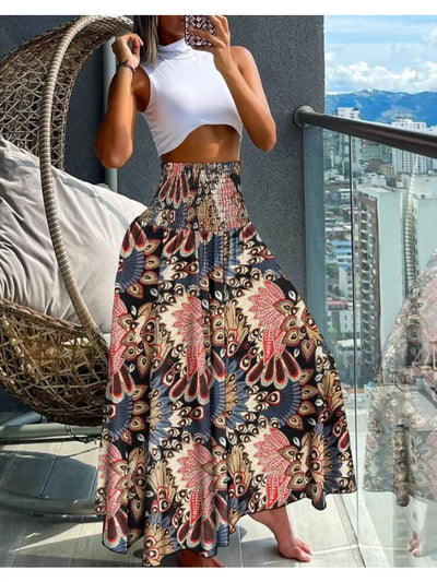Women Fashion Floral Print Folds Bohemian Elastic High Waist  Skirt Ladies Knee-Length Long Skirts For Women