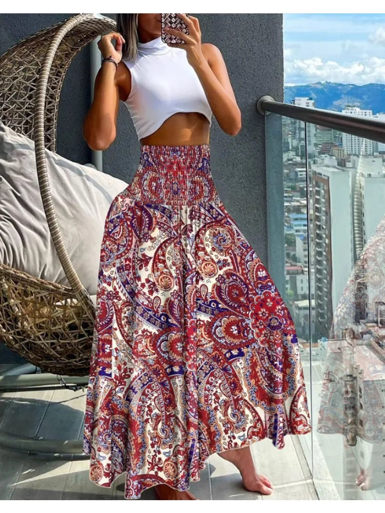 Women Fashion Floral Print Folds Bohemian Elastic High Waist  Skirt Ladies Knee-Length Long Skirts For Women