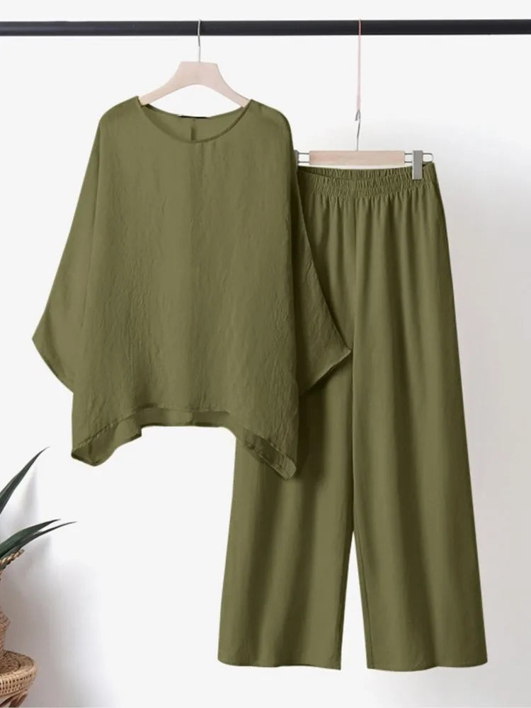 Elena - 2 Teiliges Leinenset Lose Breite Bein Hosen