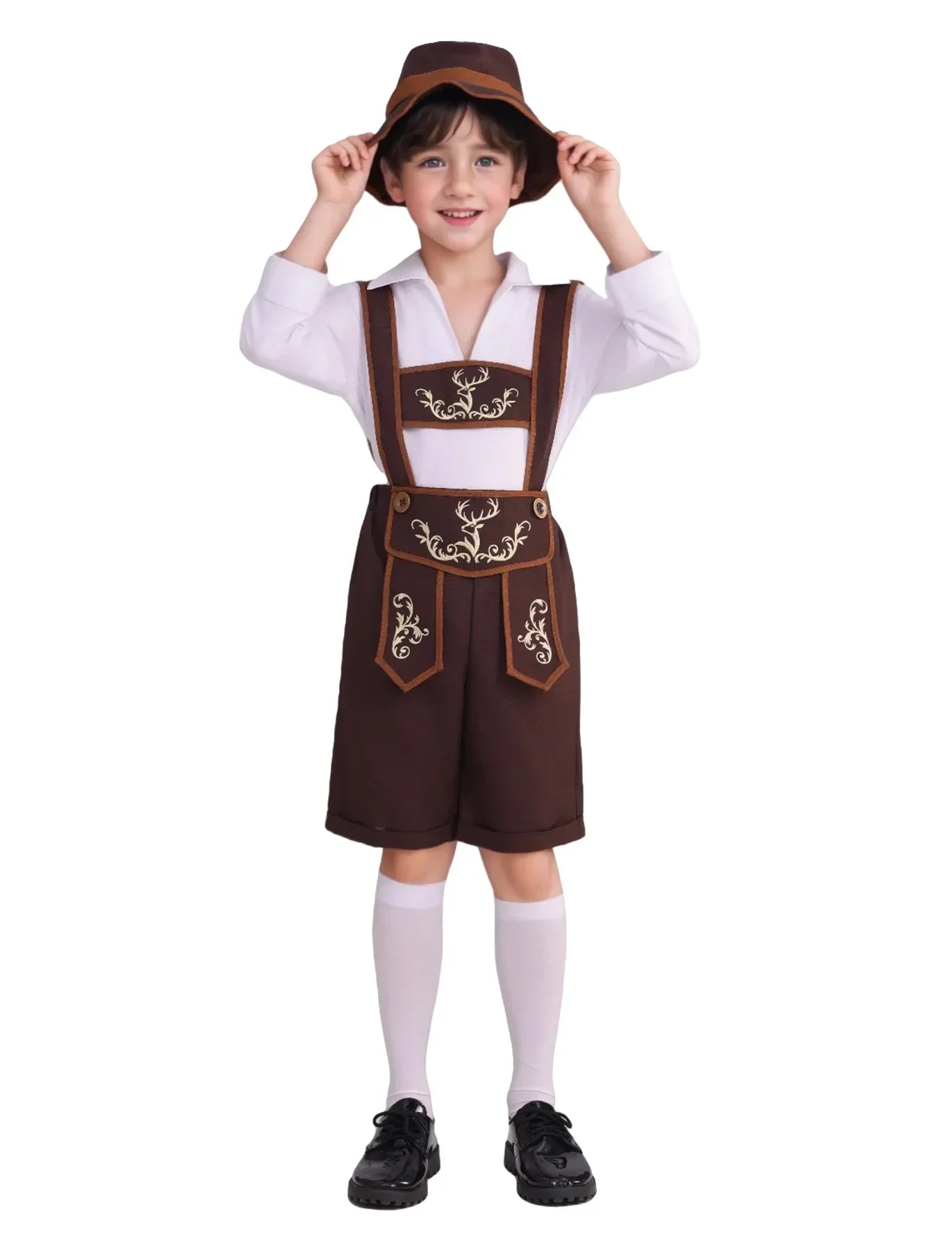 Authentisches Jungen Bayern Kostümset mit Lederhosen, Hut, Hemd und Strümpfen – Perfekt für das Oktoberfest