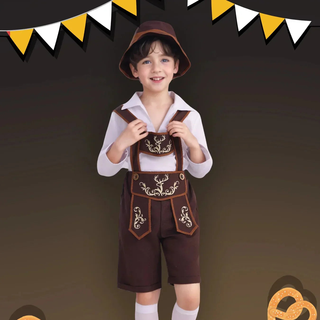 Authentisches Jungen Bayern Kostümset mit Lederhosen, Hut, Hemd und Strümpfen – Perfekt für das Oktoberfest