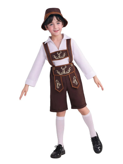 Authentisches Jungen Bayern Kostümset mit Lederhosen, Hut, Hemd und Strümpfen – Perfekt für das Oktoberfest