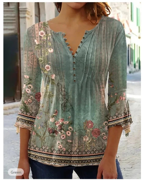 Zana - Vintage Blumen druck Blusen Mit halbem Ärmel