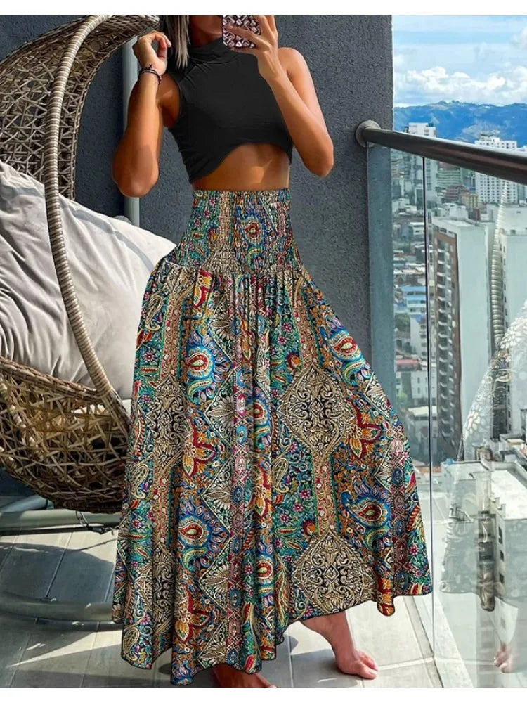 Women Fashion Floral Print Folds Bohemian Elastic High Waist  Skirt Ladies Knee-Length Long Skirts For Women