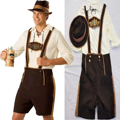Authentisches Herren-Oktoberfest-Kostüm mit Hemd, Hosenträgern und traditionellem bayerischem Hut für den perfekten Festauftritt