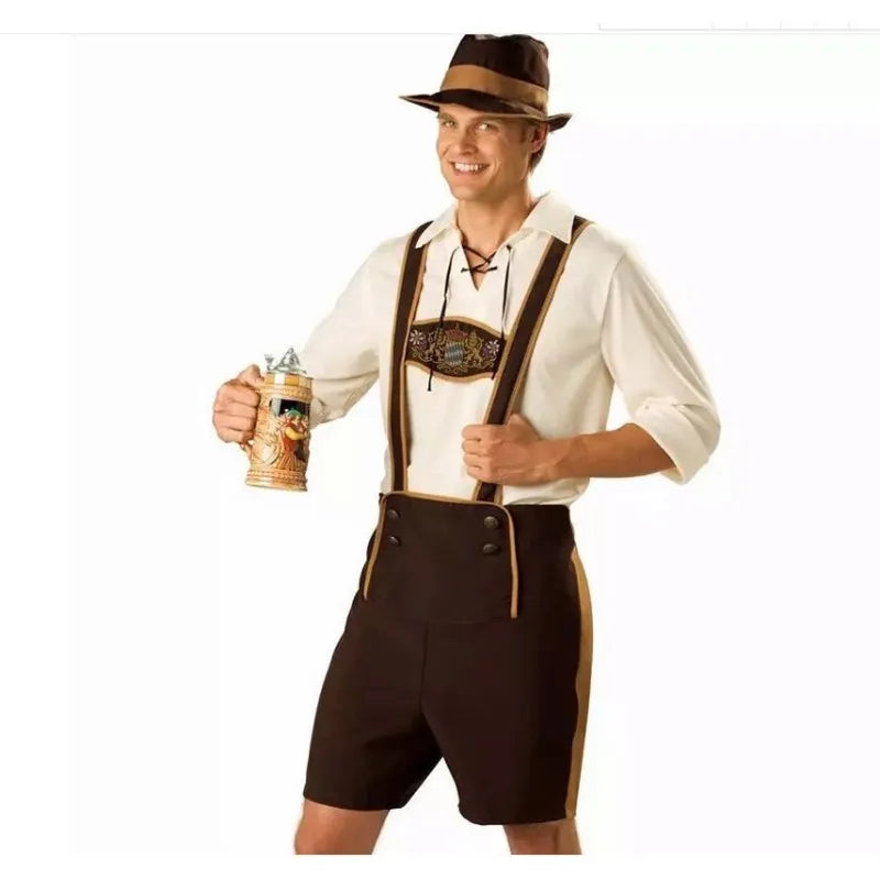 Authentisches Herren-Oktoberfest-Kostüm mit Hemd, Hosenträgern und traditionellem bayerischem Hut für den perfekten Festauftritt