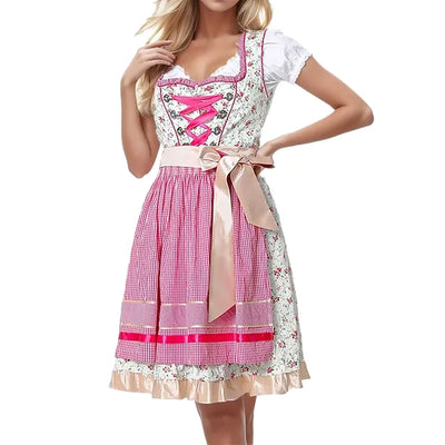 Elegantes Damen-Oktoberfest-Dirndl mit Schürze, liebevolle traditionelle Stickerei und stilvoller quadratischer Ausschnitt