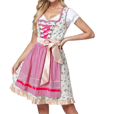 Elegantes Damen-Oktoberfest-Dirndl mit Schürze, liebevolle traditionelle Stickerei und stilvoller quadratischer Ausschnitt