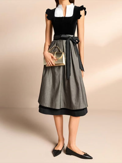 Damen Knielanges Kleid mit Schleifen Detail und Spitzen Element