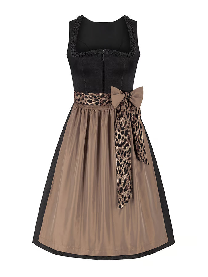 Damen Knielanges Kleid mit Leopardenmuster Schleifen Detail und Spitzen Element