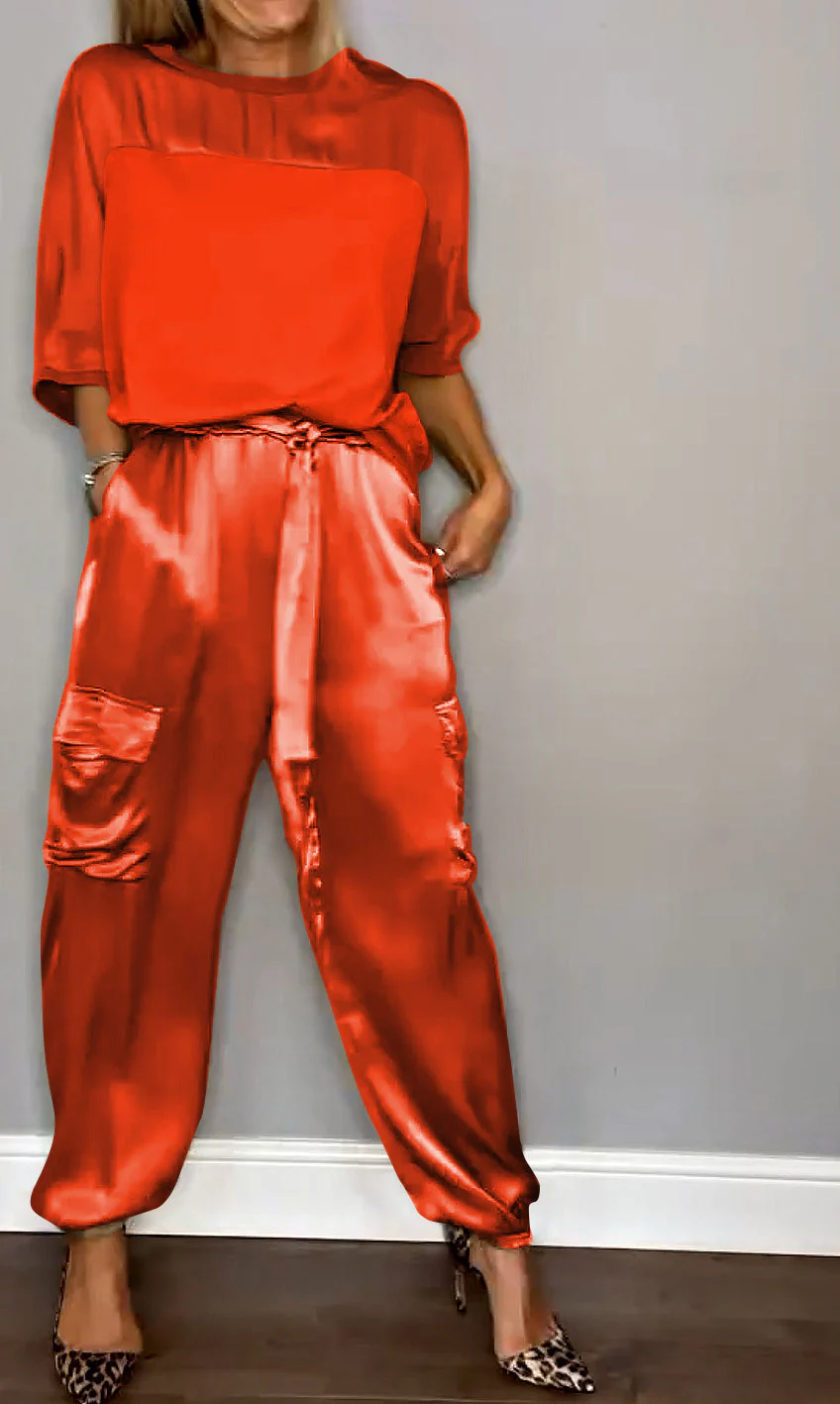 Sandra™ | Abito da donna 2 pezzi con maniche corte e pantaloni realizzato in raso liscio