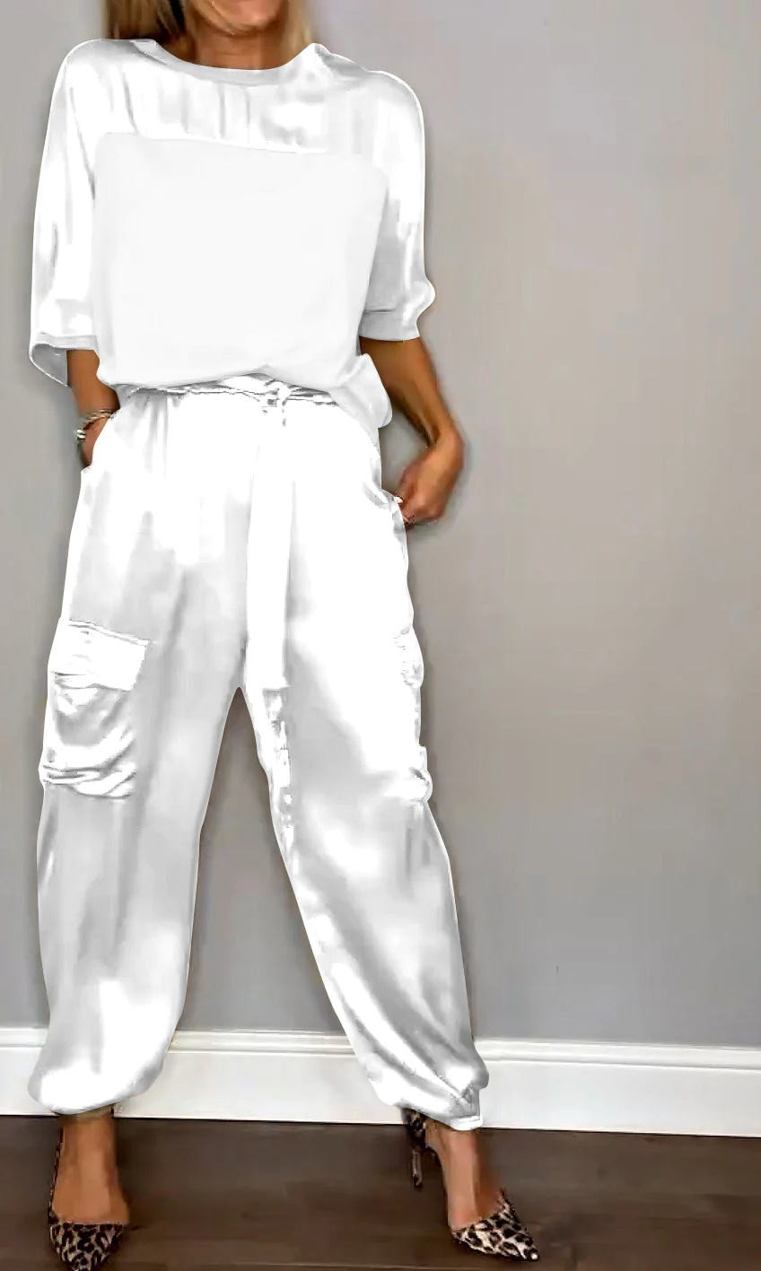 Sandra™ | Abito da donna 2 pezzi con maniche corte e pantaloni realizzato in raso liscio