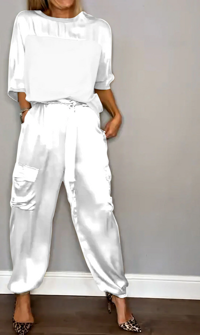 Sandra™ | Abito da donna 2 pezzi con maniche corte e pantaloni realizzato in raso liscio