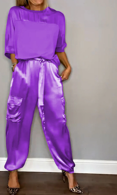 Sandra™ | Abito da donna 2 pezzi con maniche corte e pantaloni realizzato in raso liscio