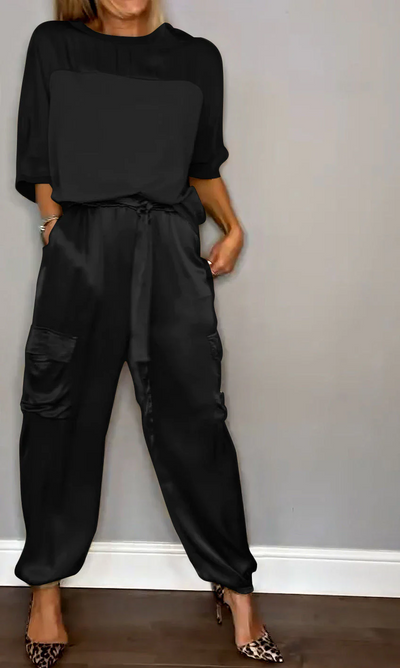 Sandra™ | Abito da donna 2 pezzi con maniche corte e pantaloni realizzato in raso liscio