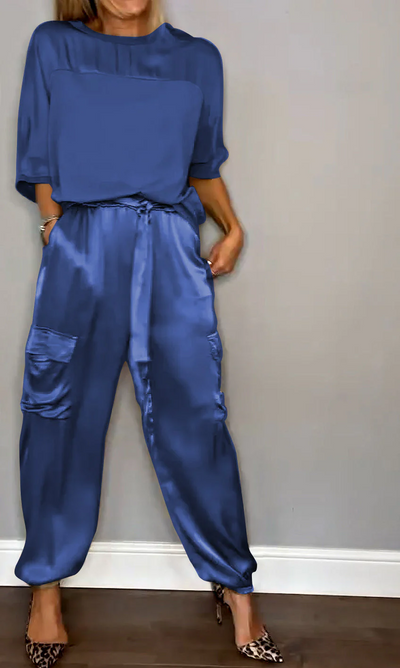 Sandra™ | Abito da donna 2 pezzi con maniche corte e pantaloni realizzato in raso liscio