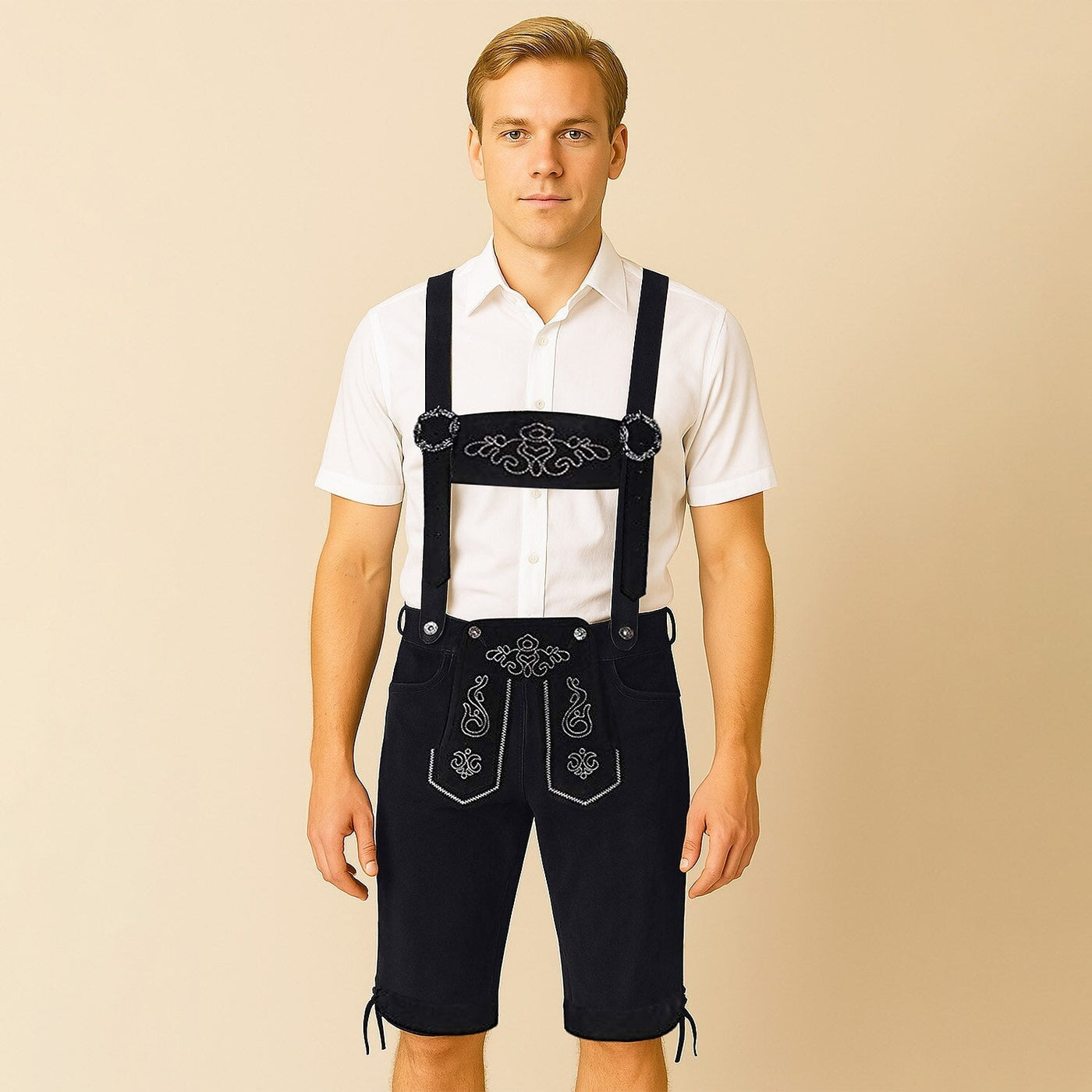 Stilvolle Herren Lederhosen-Shorts mit kunstvoller Stickerei und verstellbaren Hosenträgern – Perfekt für das Oktoberfest