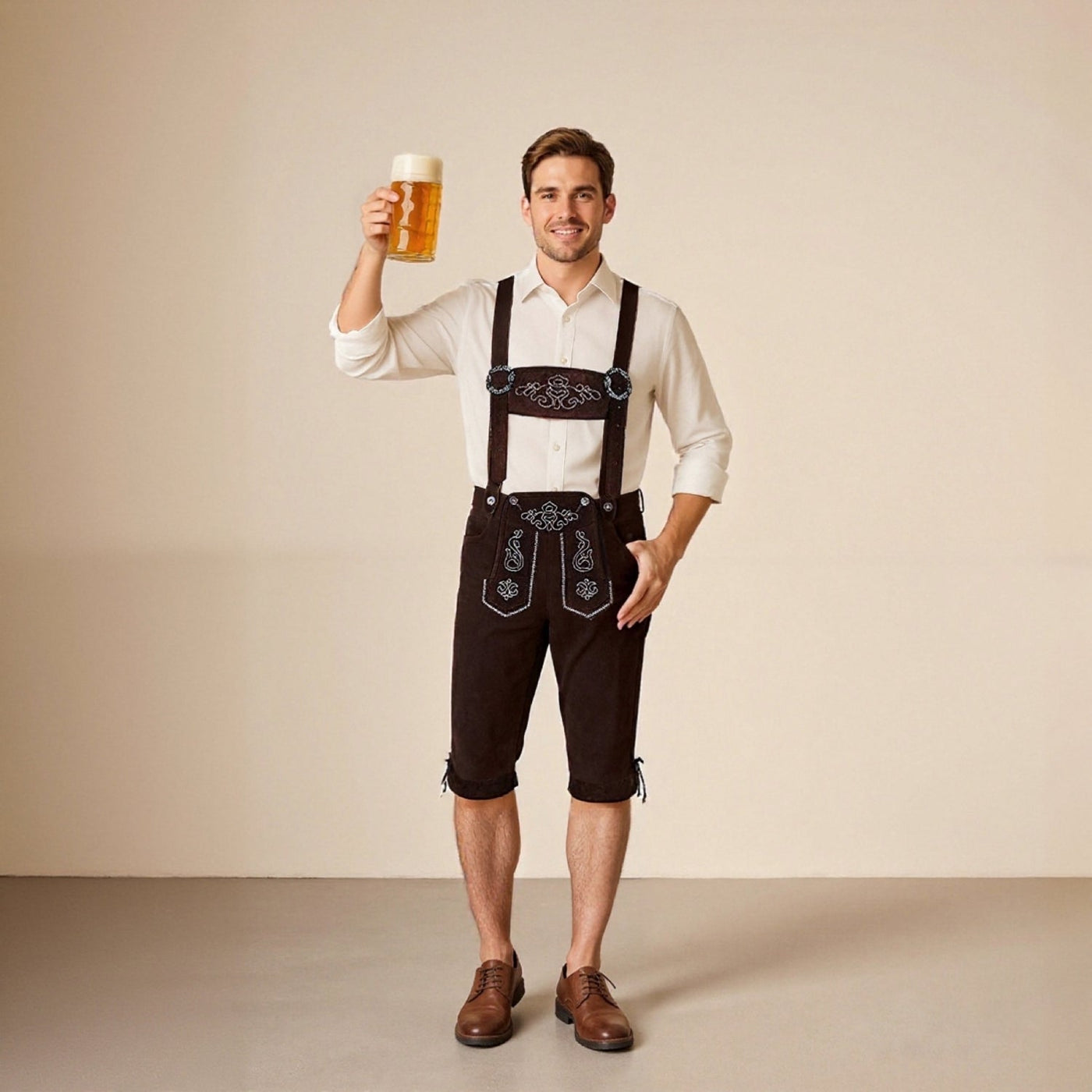 Stilvolle Herren Lederhosen-Shorts mit kunstvoller Stickerei und verstellbaren Hosenträgern – Perfekt für das Oktoberfest
